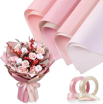 Gersoniel 36 Sheets Double Sided Waterproof Bouquet Wrapping Paper with 2 Rolls Satin Ribbon for Wedding Mothers Day 2026 Graduation Birthday DIY Flower PackingPink Series