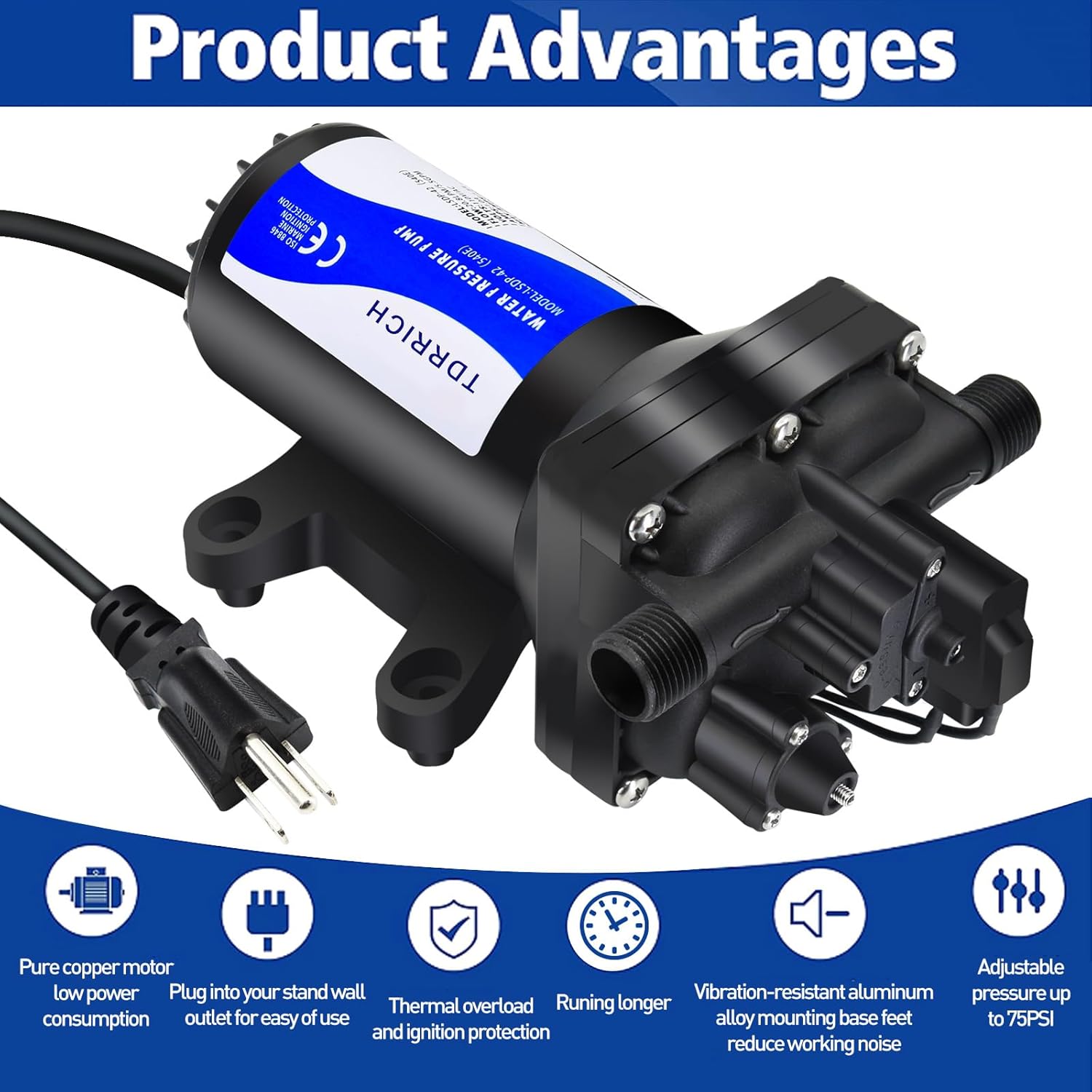 Water Pressure Booster Pump for House，110V RV Water Transfer 5.5GPM 30PSI-75PSI Self-priming Pump,Diaphragm Power Water Pumps for Boats Inline Garden Hose Lawn Camper Sprinkler Irrigation