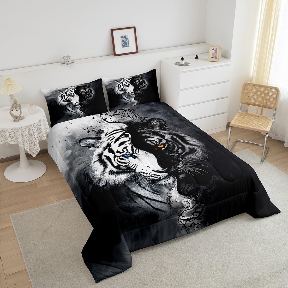 Erosebridal Tiger Comforter Set Queen African Safari Animal Bedding Set Black and White Stripes Down Comforter 3D Wildlife Quilt for Boys Teens Adult Men Women Bedroom Decor with 2 Pillow Cases