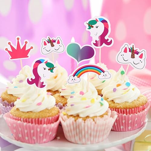Miniatura 5 de CCINEE 48 piezas de decoración de unicornio arcoíris para cupcakes de papel de doble cara de unicornio para decoración de postres de fiesta de