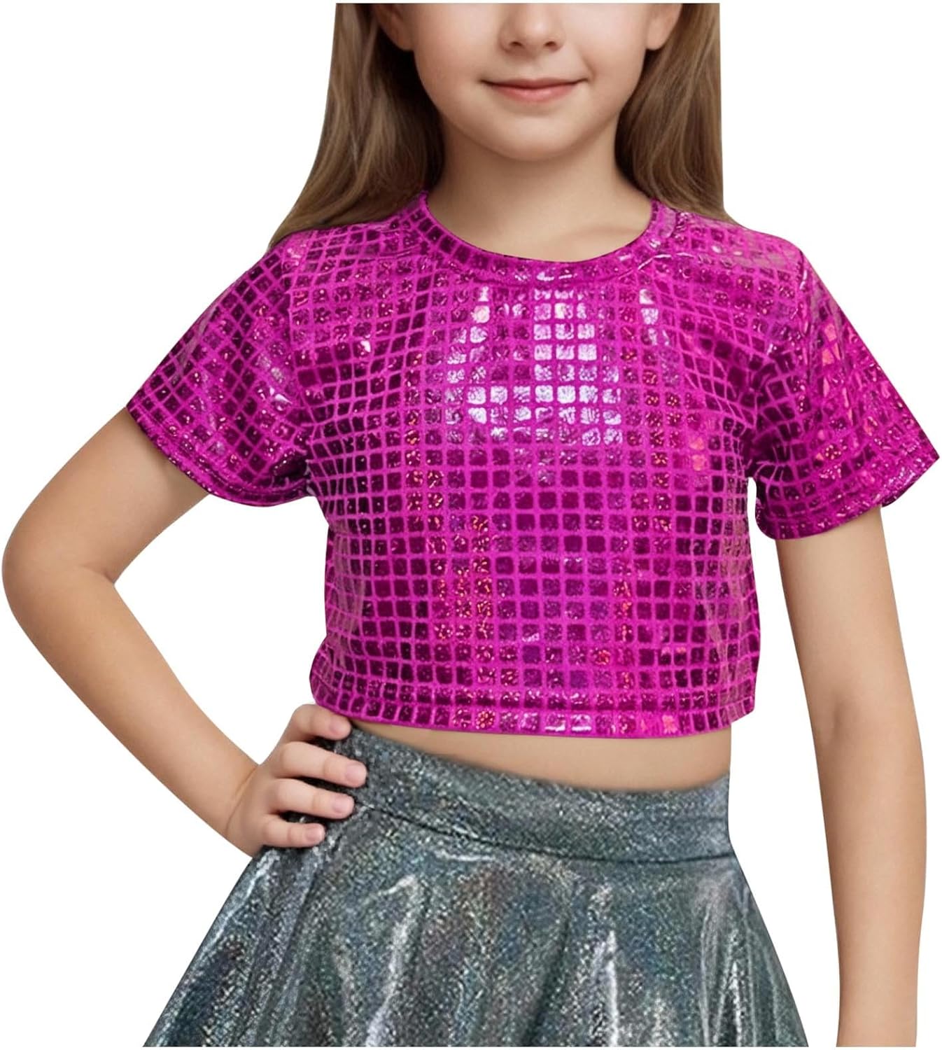 Haut De Danse Jazz Enfant Fille - Crop Top Métallique Brillant à Manches Longues - Pour Spectacle Et Compétition