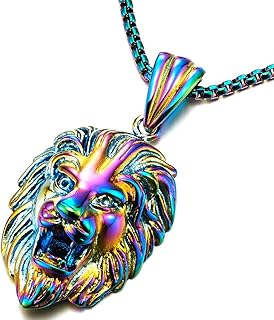 Exclusive Mens Womens Steel Colorful Lion Head Pendant Necklace with 24 inches Steel Wheat Chain