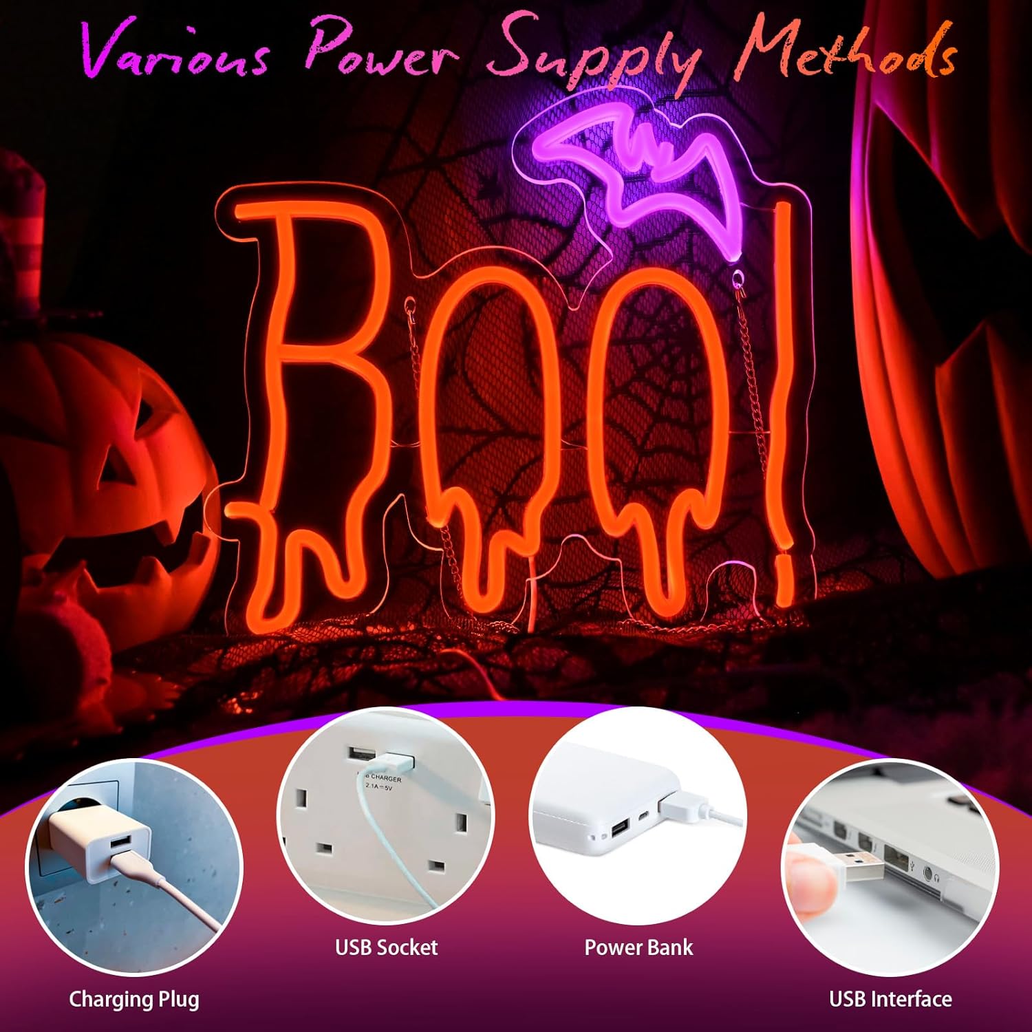 Halloween Neon Sign, Orange Purple BOO Bat Neon Light Up Sign for Halloween Party Decorations, Dimmable Neon Halloween Led Sign for Wall Decor, Spooky Boo Neon Sign for Trick or Treat Party Backdrop
