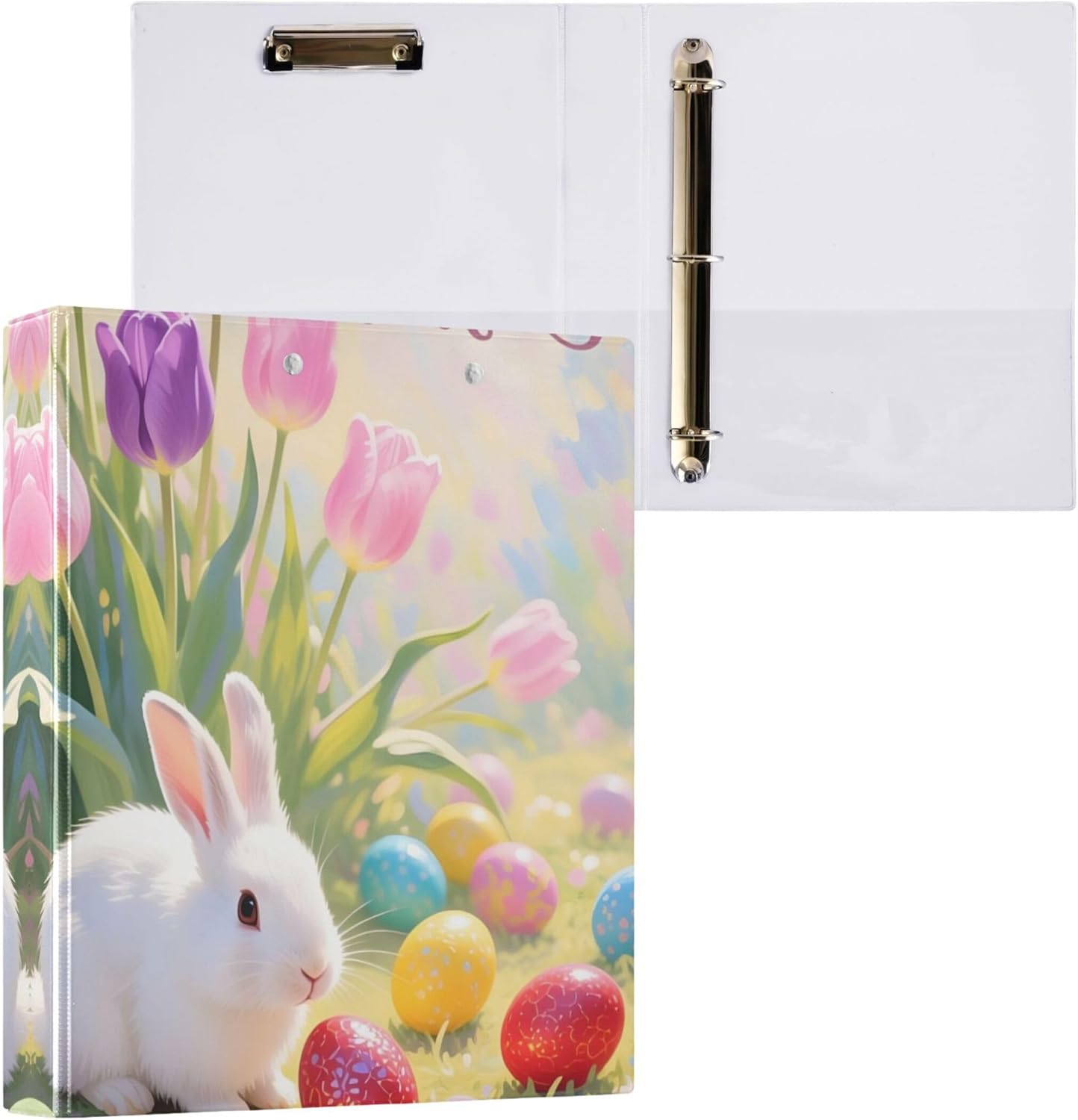 Happy Easter Bunny Eggs 3 Ring Binders, 1.5” Round Ring Binders with Clipboard - Letter Size, 3 Interior PVC Clear Pockets & Anti-Slip Clip for Office School Supplies, 2PCS