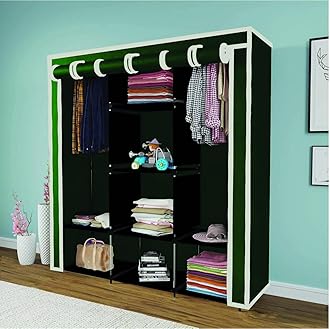 Maison & Cuisine Collapsible Wardrobe Closet for Clothes Almira, 2 Hanging Space, 8 Shelves Non-Woven Fabric 90 GSM (88230) (Green)