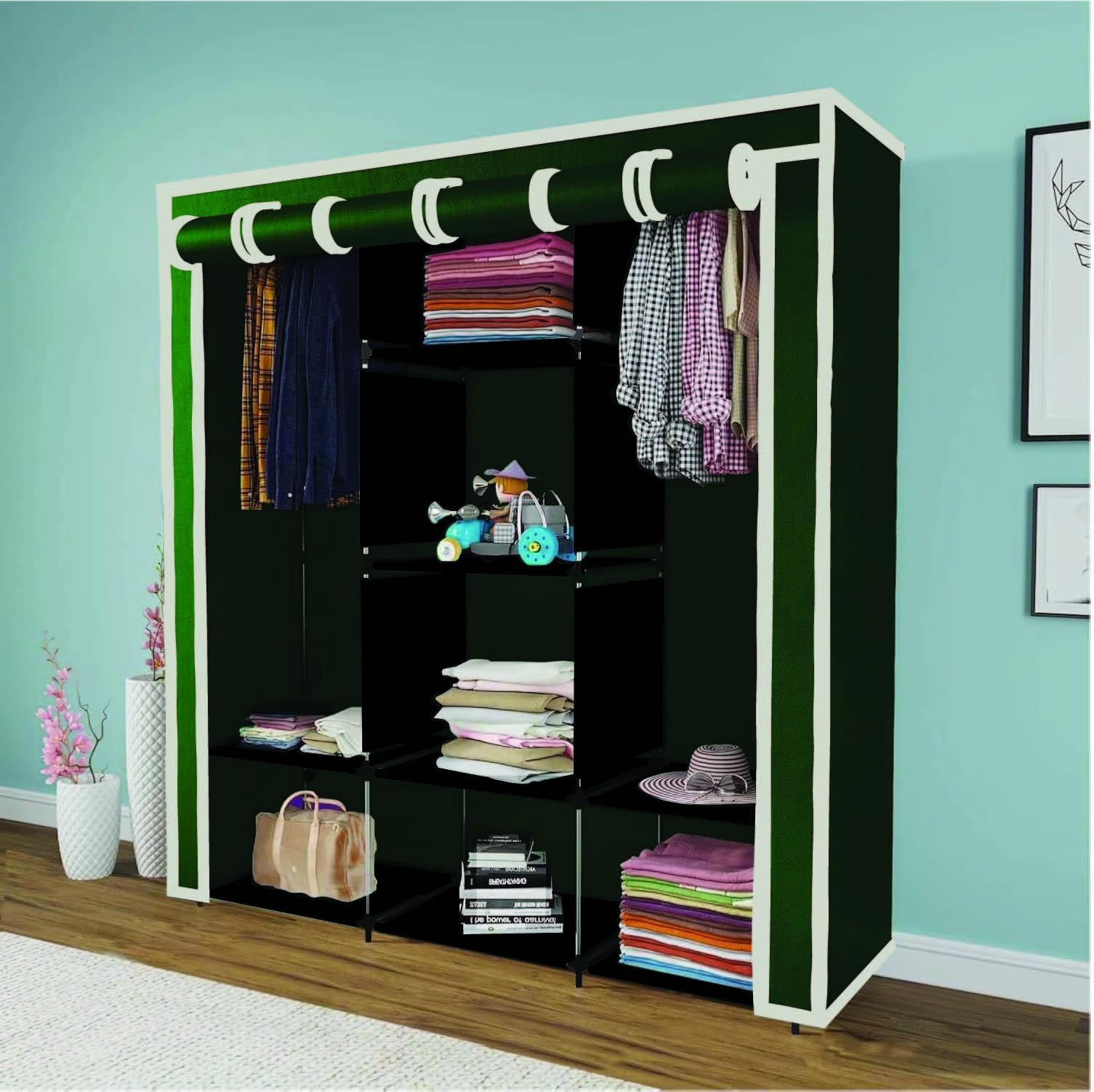 Maison & Cuisine Collapsible Wardrobe Closet for Clothes Almira, 2 Hanging Space, 8 Shelves Non-Woven Fabric 90 GSM (88230) (Green)