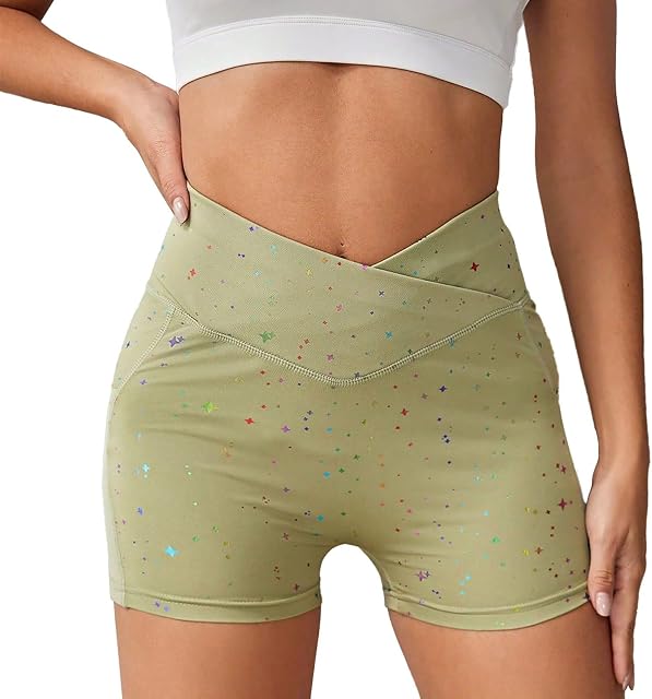 Womens Athletic Yoga Shorts Cross High Waist Fitness Gym Workout Shorts Running Short Pants with Deep Pockets