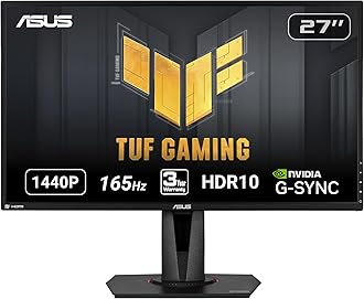 ASUS TUF Gaming 27" 2K HDR Gaming Monitor (VG27AQ) - QHD (2560 x 1440), 165Hz (Supports 144Hz), 1ms, Extreme Low Motion Blur, Speaker, G-SYNC Compatible, VESA Mountable, DisplayPort, HDMI,Black
