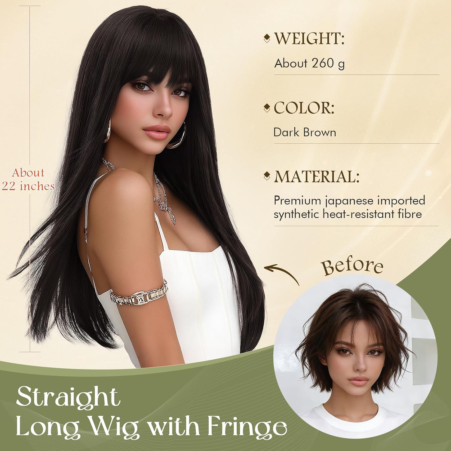 SOFEIYAN Long Straight Dark Brown Wigs for Women - 22 Inch Wig with Bangs Natural Looking Soft Heat Resistant Synthetic Wigs for Women Daily Party Use,Dark Brown