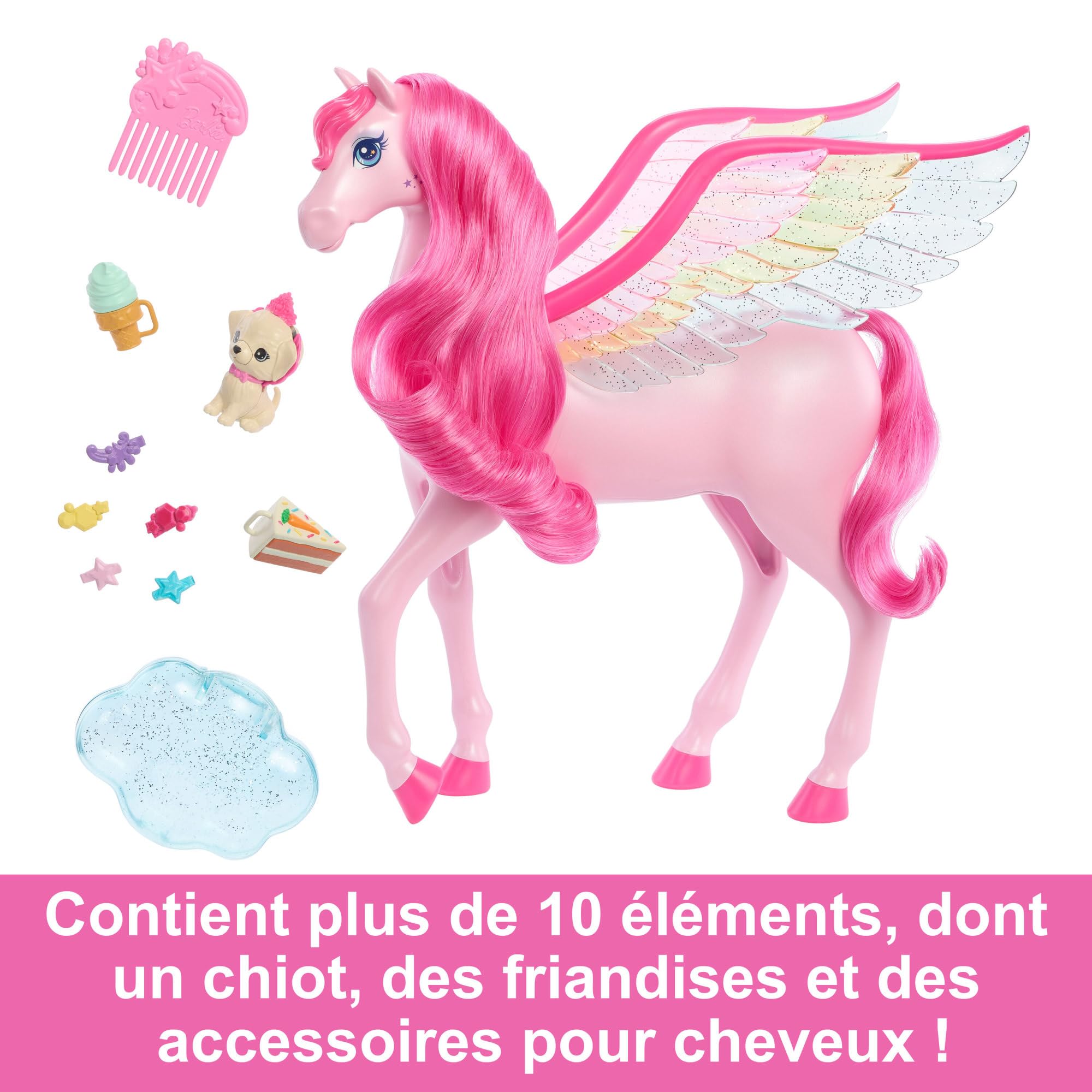 Barbie Pégase Magique Rose Aux Ailes Multicolores Scintillantes, avec Sons Et Lumières, 10 Accessoires Inclus Dont Chiot avec Surprise Ailée Magique, Jouet Enfant, A Partir De 3 Ans, HLC41