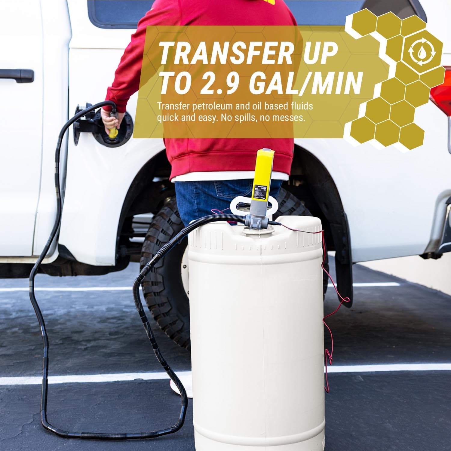 TERA PUMP Long Distance 10ft Fuel Transfer Pump, Powered by Either 12V AC/DC Plug-In or Via DC Inverter Clips - Compatible with Gasoline, Diesel, Water