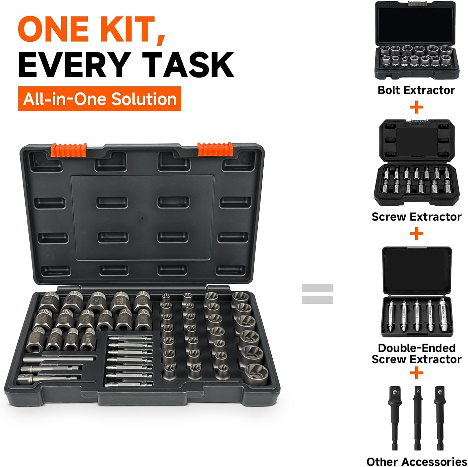 52PCS Bolt Extractor Set & Screw Extractor Kit, Stripped Bolt Remover Socket Set, Easy Out Tool for Broken, Damaged, Rusted & Rounded Bolts, Nuts and Stripped Screws with Portable Storage Case