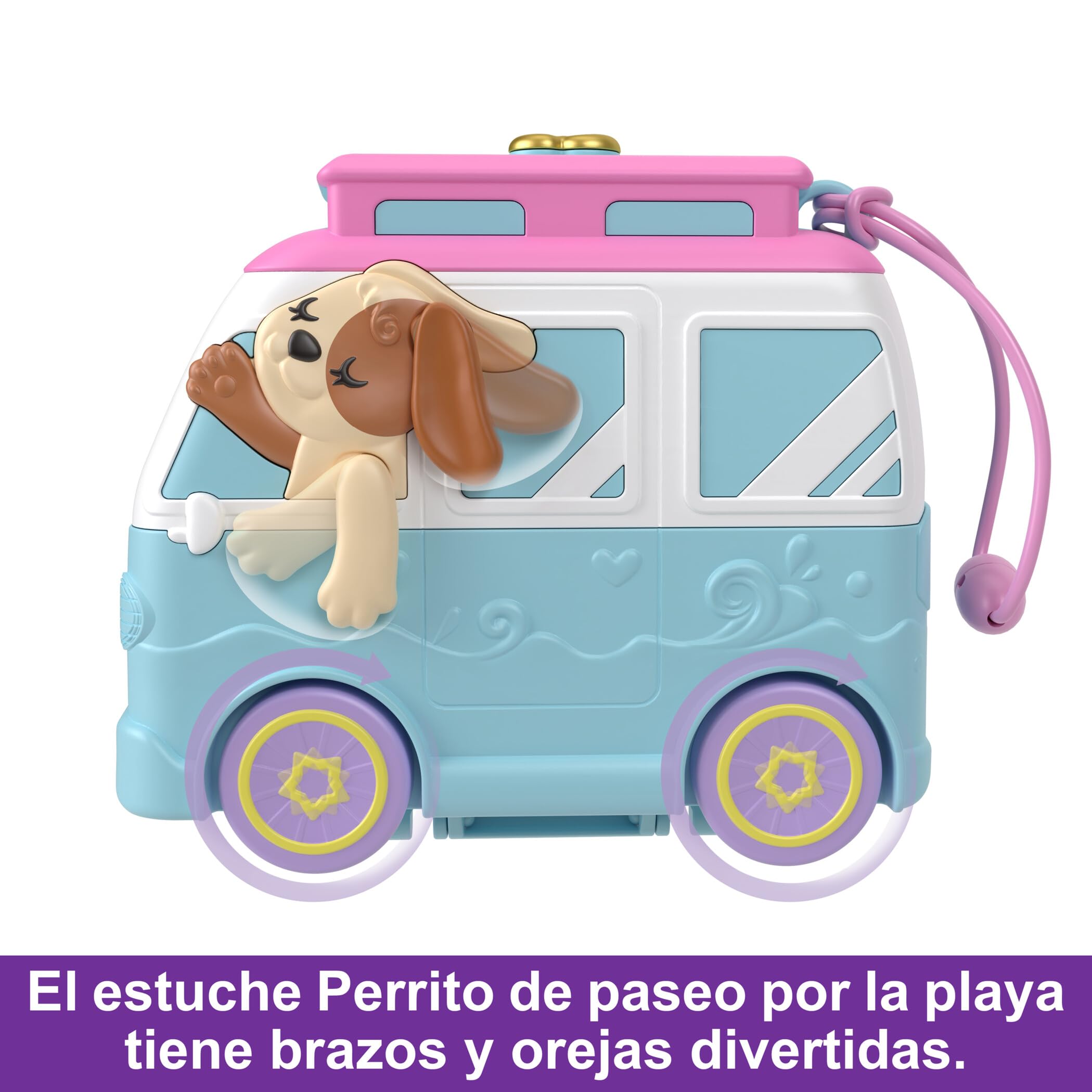 Polly Pocket Estuche Perrito en Caravana Set de Juego con muñecas, Mascota y Accesorios de Playa, Juguete +4 años (Mattel HRD36)