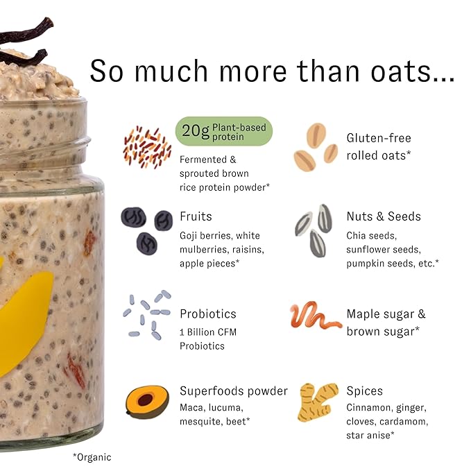 HOLOS Avena Proteína Overnight Oats - 12 Pack Variedad Sabores con Frasco - 20g Proteínas Vegetales, Orgánico Sin Gluten miniatura 5