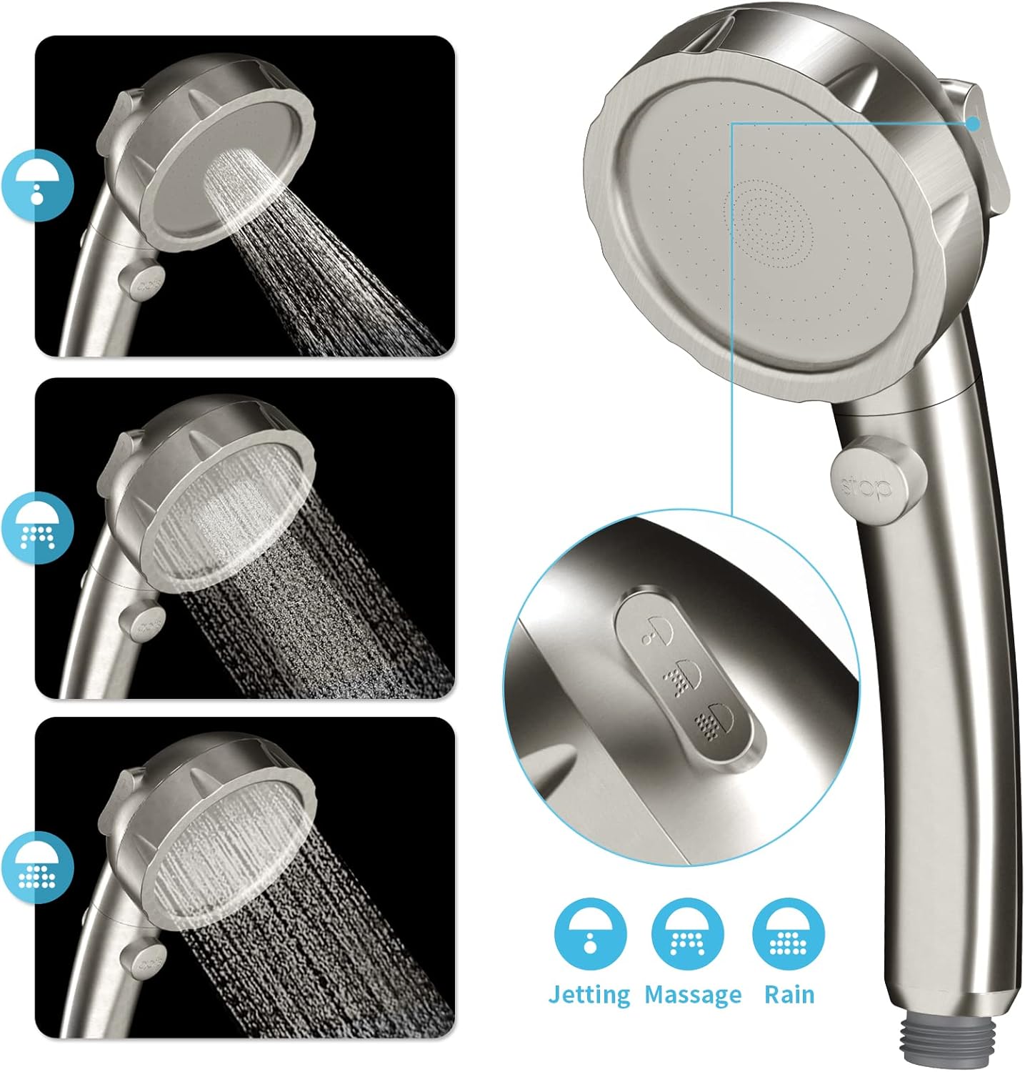 High Pressure Handheld Shower Head, RV Handheld Shower Head with Hose and On Off Switch, Detachable Shower Head with Adjustable Holder (Brushed Nickel)