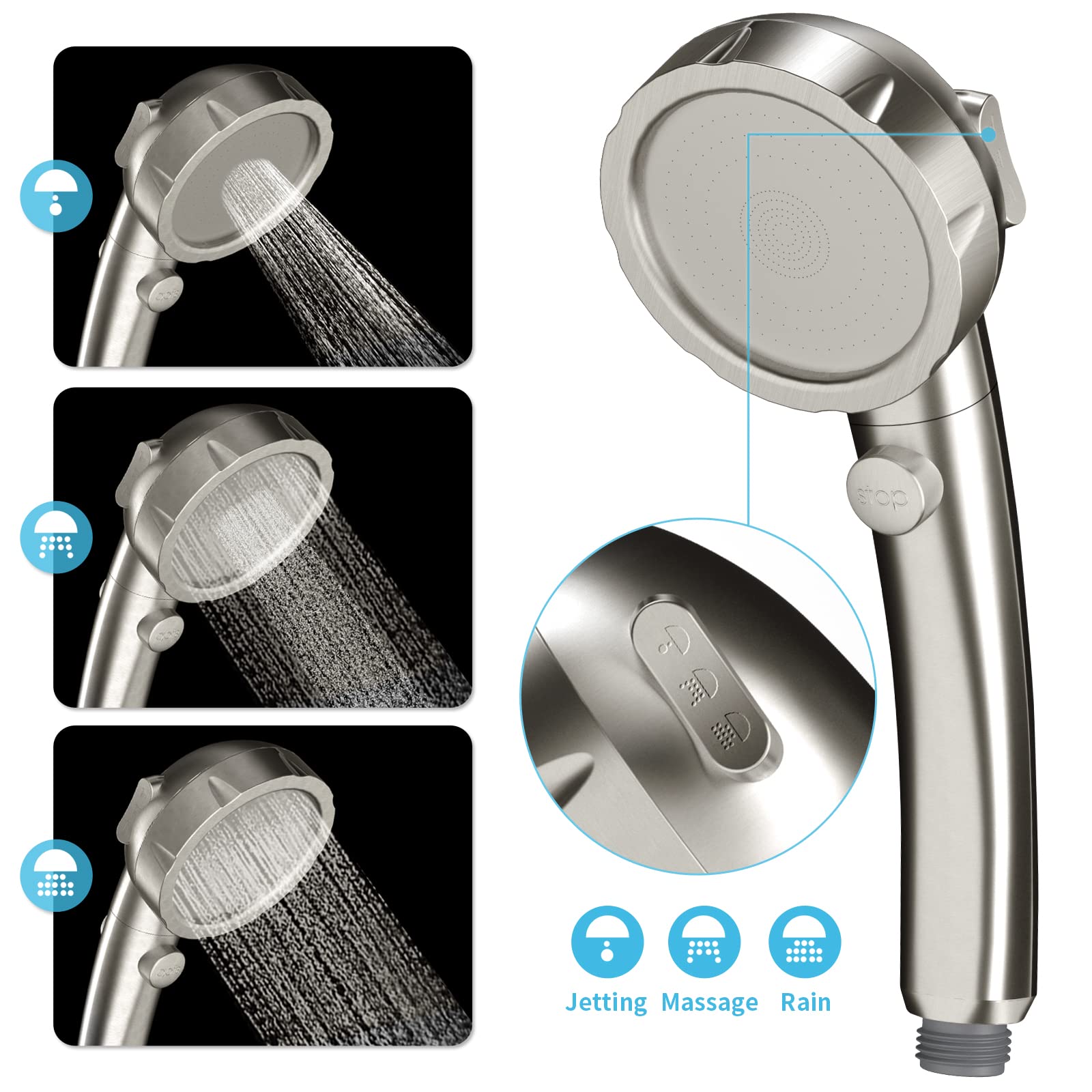 Pommeau de douche à main haute pression, pommeau de douche à main pour camping-car avec tuyau et interrupteur marche/arrêt, pommeau de douche amovible avec support réglable (nickel brossé)