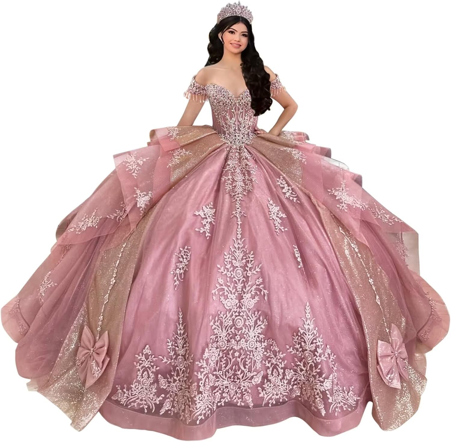 Mauuwy Off Shoulder Quinceanera Dresses Layered XV Sweet 16 Dresses with Tassels Beaded Vestidos De 15 Años with Bow