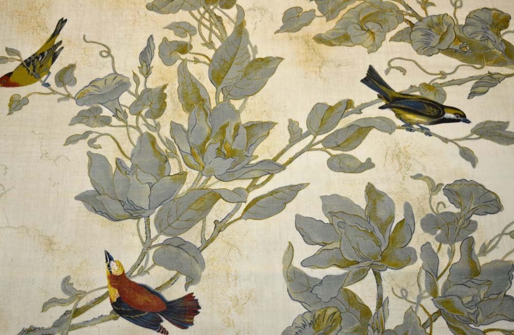 Bird and Floral Print Windsong Parchment Heritage House Fabric