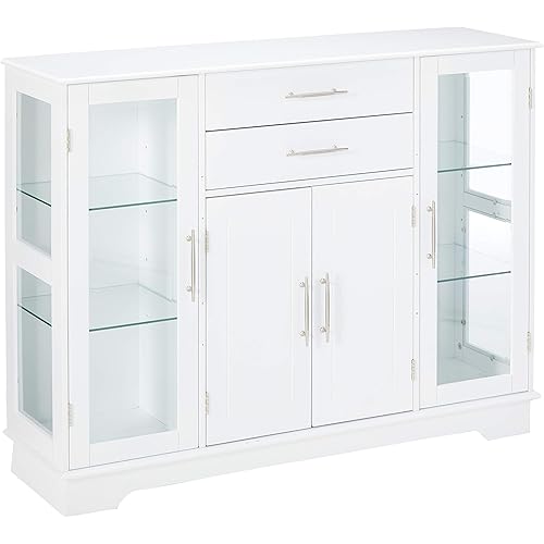 Kings Brand Furniture Kitchen Storage Cabinet Buffet with Glass Doors, White,