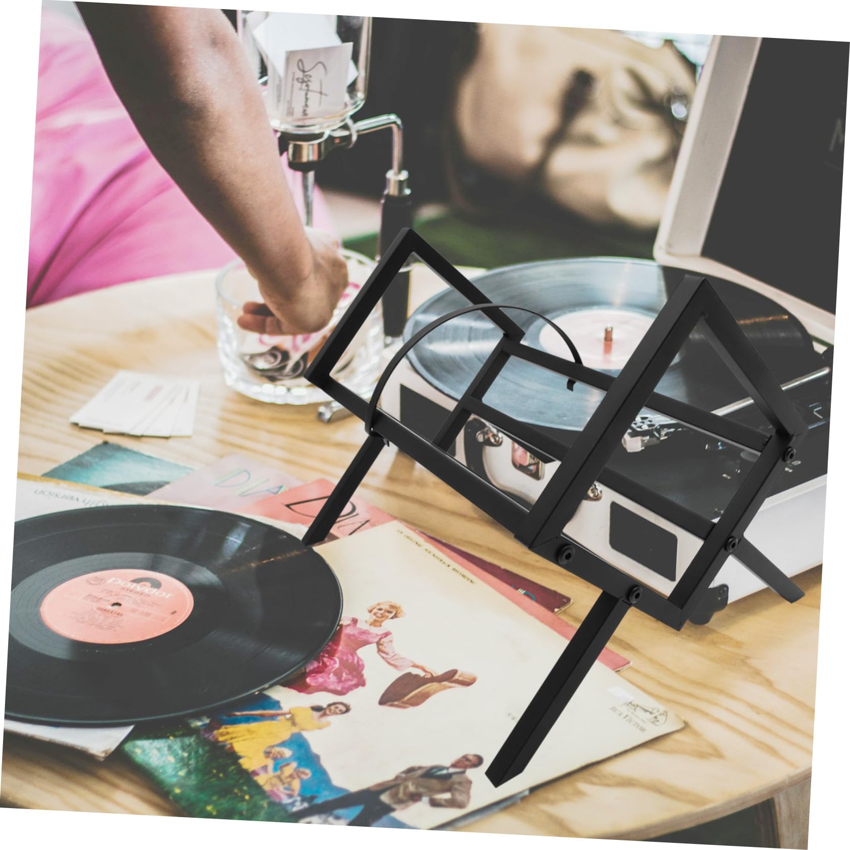Hemobllo Porta Dischi Vinile e CD in Ferro Nero Supporto da Tavolo, Organizzatore Desktop Paraurti Laterali, Design Moderno e Semplice per Ufficio o Casa