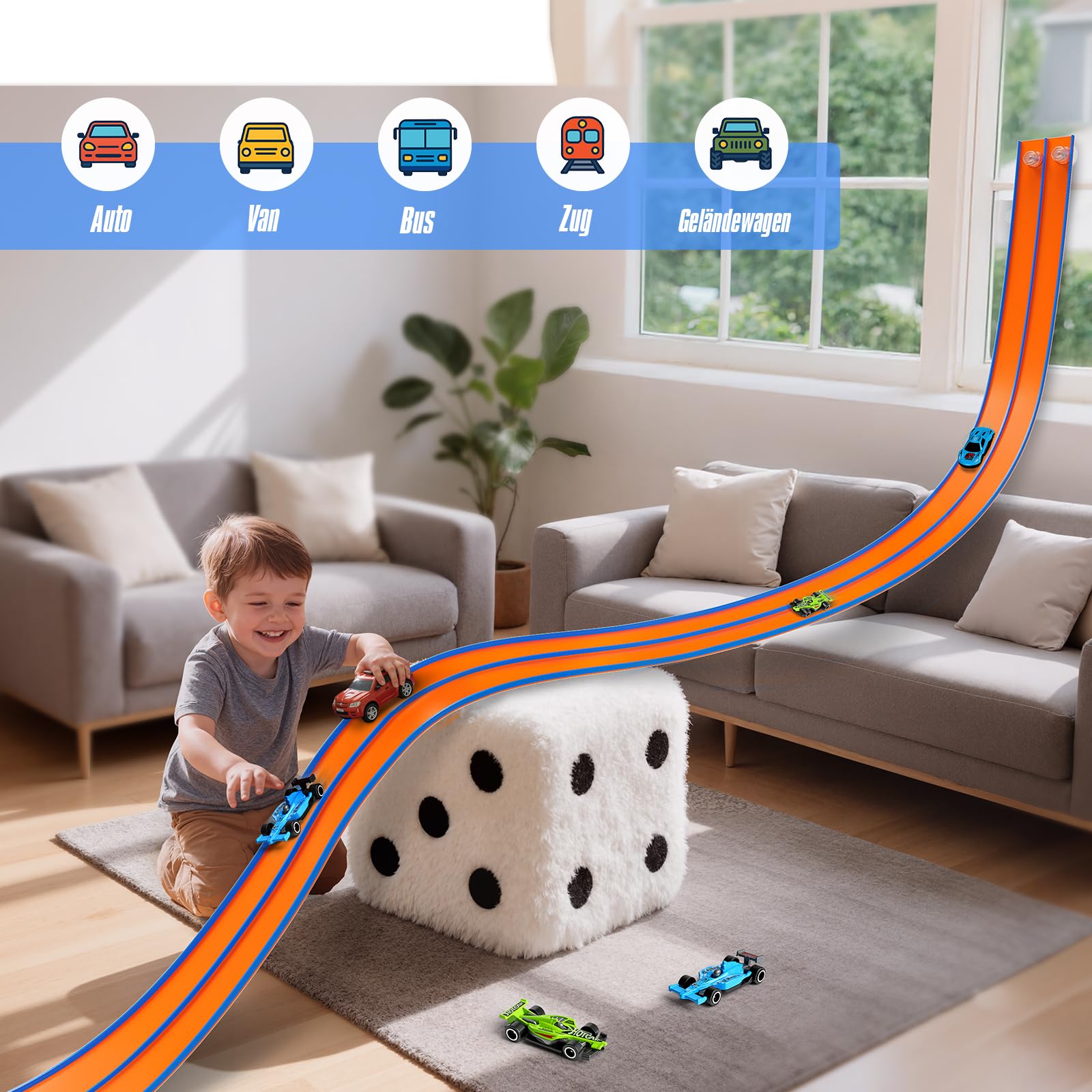 Hot Bee 4,5M Autorennbahn Spielzeug aus Silikon mit Saugnapf, Flexible Rennstrecke für Kinder ab 3 Jahre, Fenster & Wand Rennbahn Set, Kompatibel mit 1:64 Autos