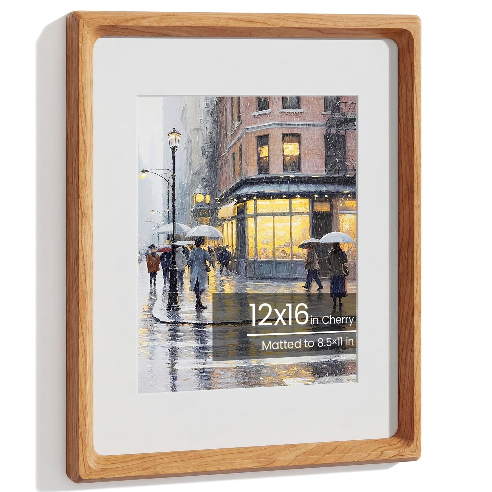 12x16 Picture Frame, Natural Solid Cherry Wood Photo Frame with Tempered Glass, Handcrafted Rounded Corner 12x16 in Frames Matted to 11x14 in Photos, Wall Display Posters, Art Prints, Certificates