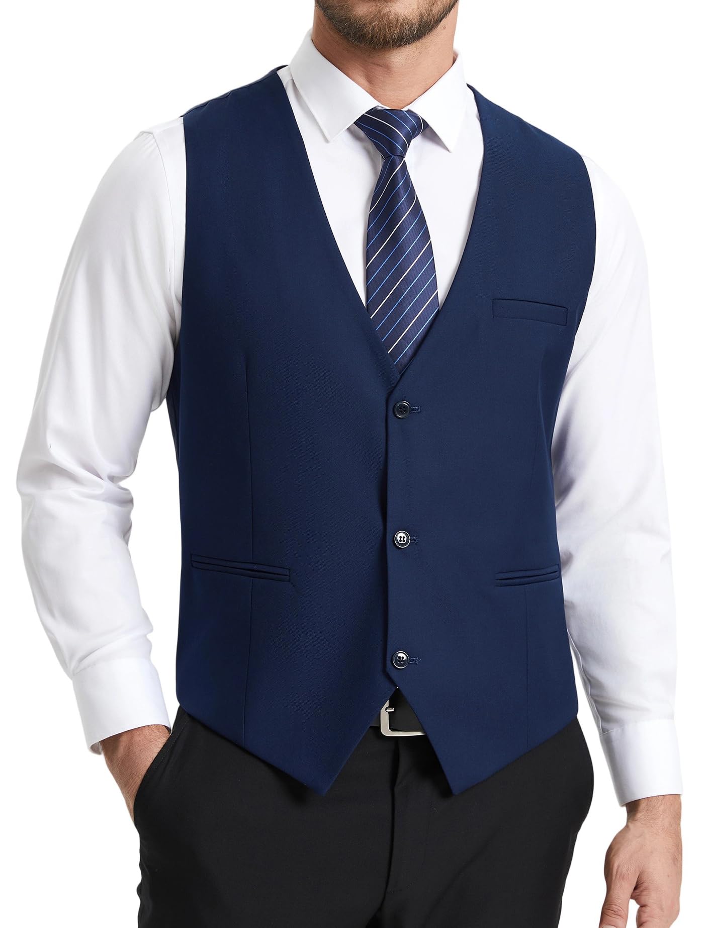 HISDERN Gilet Costume Homme Sans Manches Col en V Ajustable Respirant Léger Formelle Classique Élégante Gilets Hommes avec 3 Boutons Poches pour Bureau Mariage Cérémonie Voyage Taille Régulière S-4XL