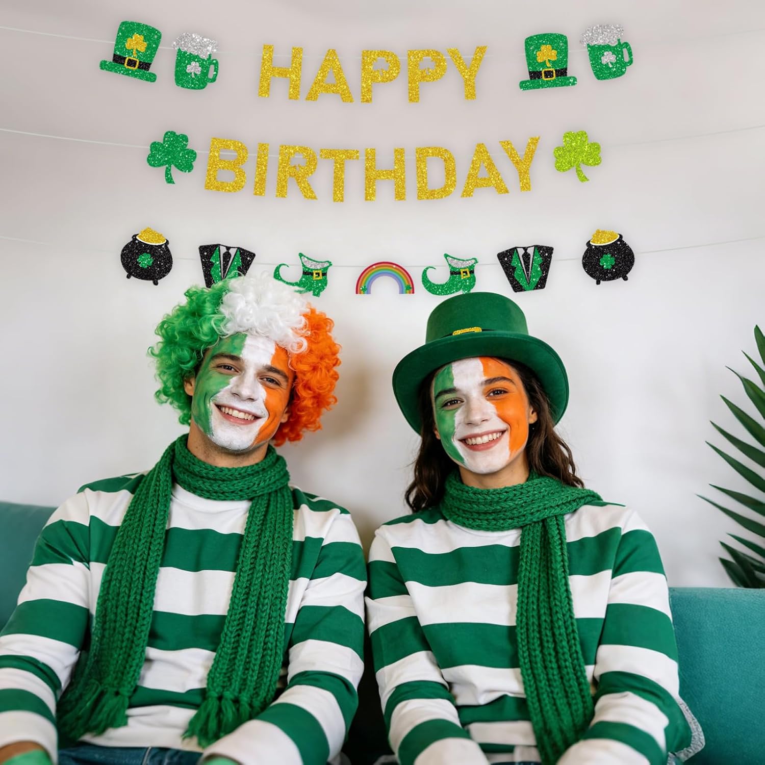 St. Patrick's Day Happy Birthday Banner,Gold Glitter Lucky Birthday Garland with Shamrock Clover,Leprechaun Hat,Rainbow, Pot of Gold Pattern for Festive Indoor Outdoor Irish Themed Party Decorations