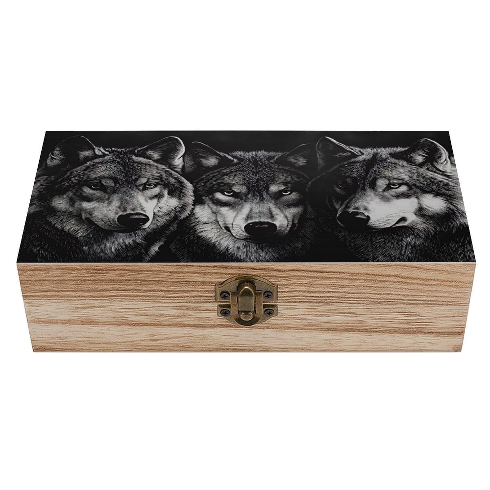 SMAZDFXX Wolf Pack Portrait Wooden Keepsake Box Vintage Solid Wood with Hinged Lid 7.9"×3.7"×2.3" Metal Latch Rustic Home Decor for Jewelry Photos And Trinkets
