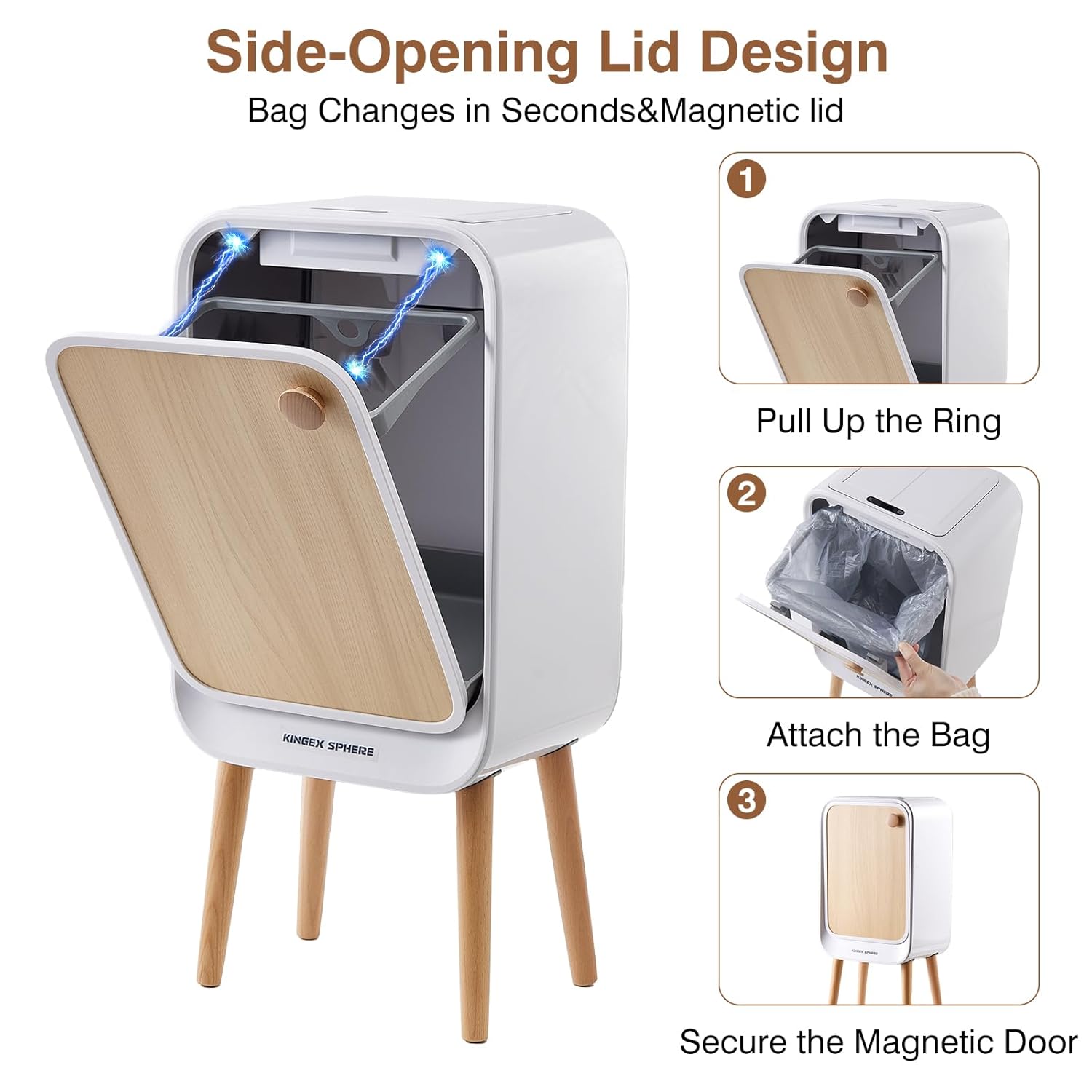 Motion Sensor Touchless Trash Can for Living Room Bedroom, 5.3 Gallon/20L Automatic Stainless Steel Slim Tall Garbage Can with Butterfly Lid&Legs, Wood Color