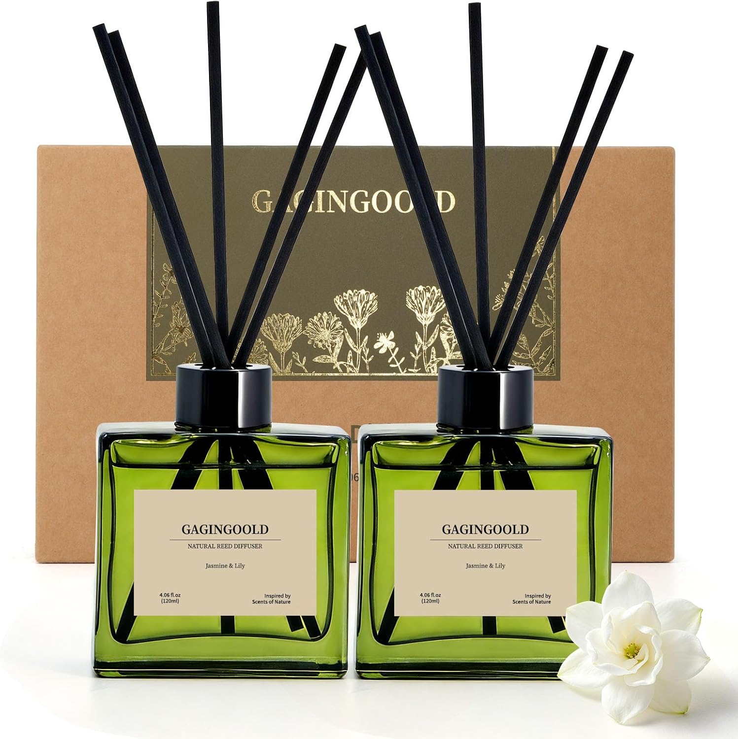 Reed Diffuser Set, 4 fl oz Jasmine Lily 2 Pack Scent Diffuser with 20 Sticks, 180 Days Long Lasting Elegant Home Fragrance for Bathroom Bedroom Office Decor Air Fresh