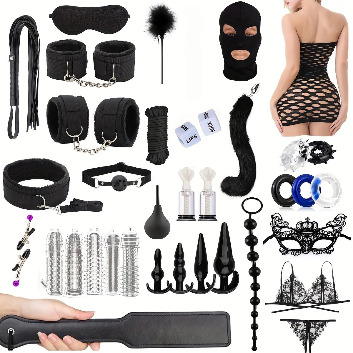 37 Pezzi Giocattolo Erotico Set Plug Anale Lingerie Gioco Cucciolo Coda Anale Bondage Costrizione BDSM Pene Giocattoli Adulti Manette Maschera Occhio Bottiglia Capezzolo Succhiare