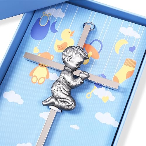 Miniatura 4 de TRULIVA Cruz de bautismo, cruz de pared para niños, cruz de niño rezando para la primera comunión, regalo de bautismo (niño)