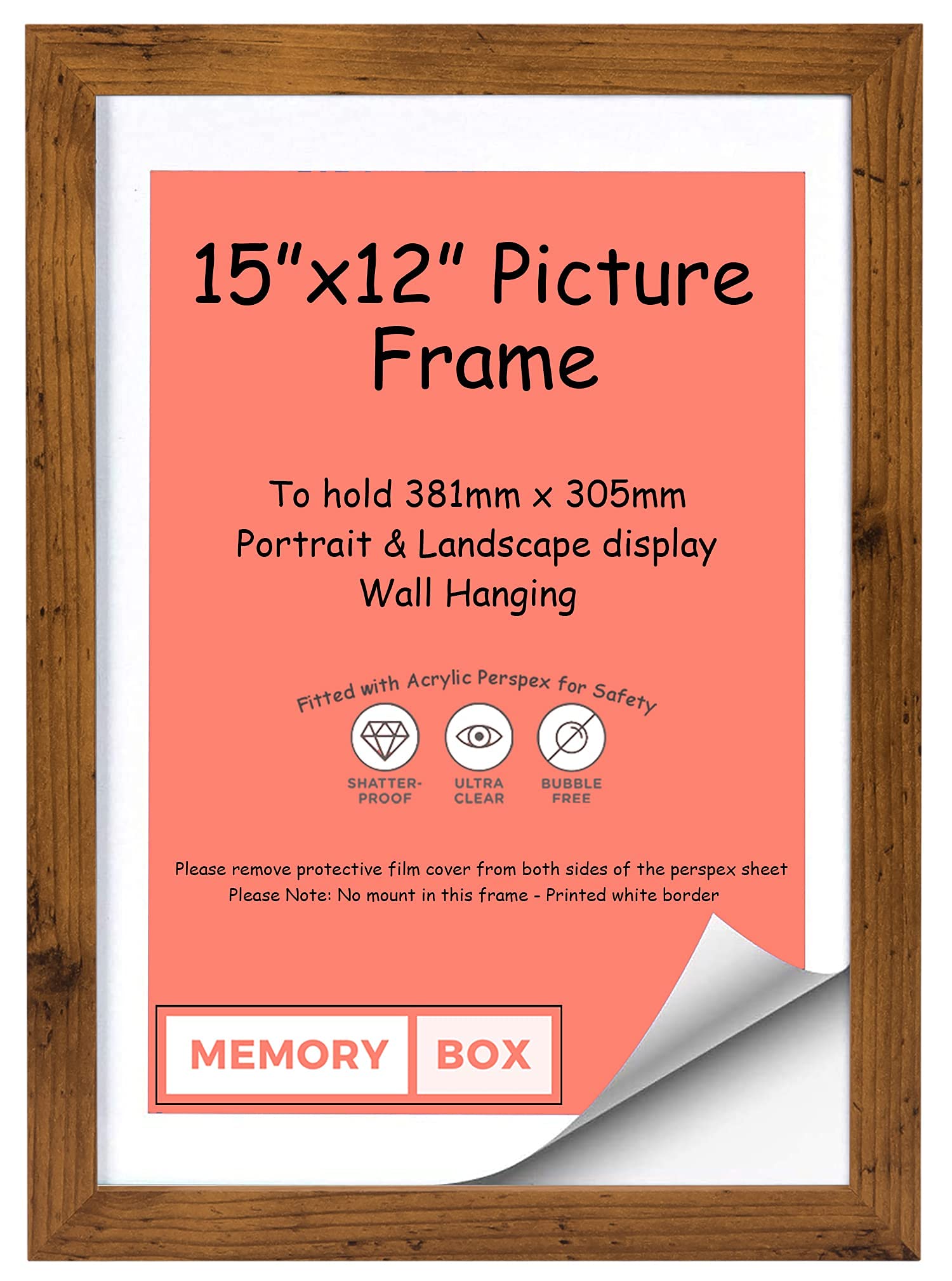 Memory Box Wrapped MDF Picture/Photo/Poster frame with Real Glass - Moulding 20mm Wide and 15mm Deep - (38.1 x 30.5cm) Rustic 15" x 12"