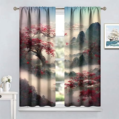 Miniatura 4 de Cortina asiática para sala de estar, ramas de bossom de ciruela roja, tratamientos de ventana de montaña para dormitorio, decoración de puerta de
