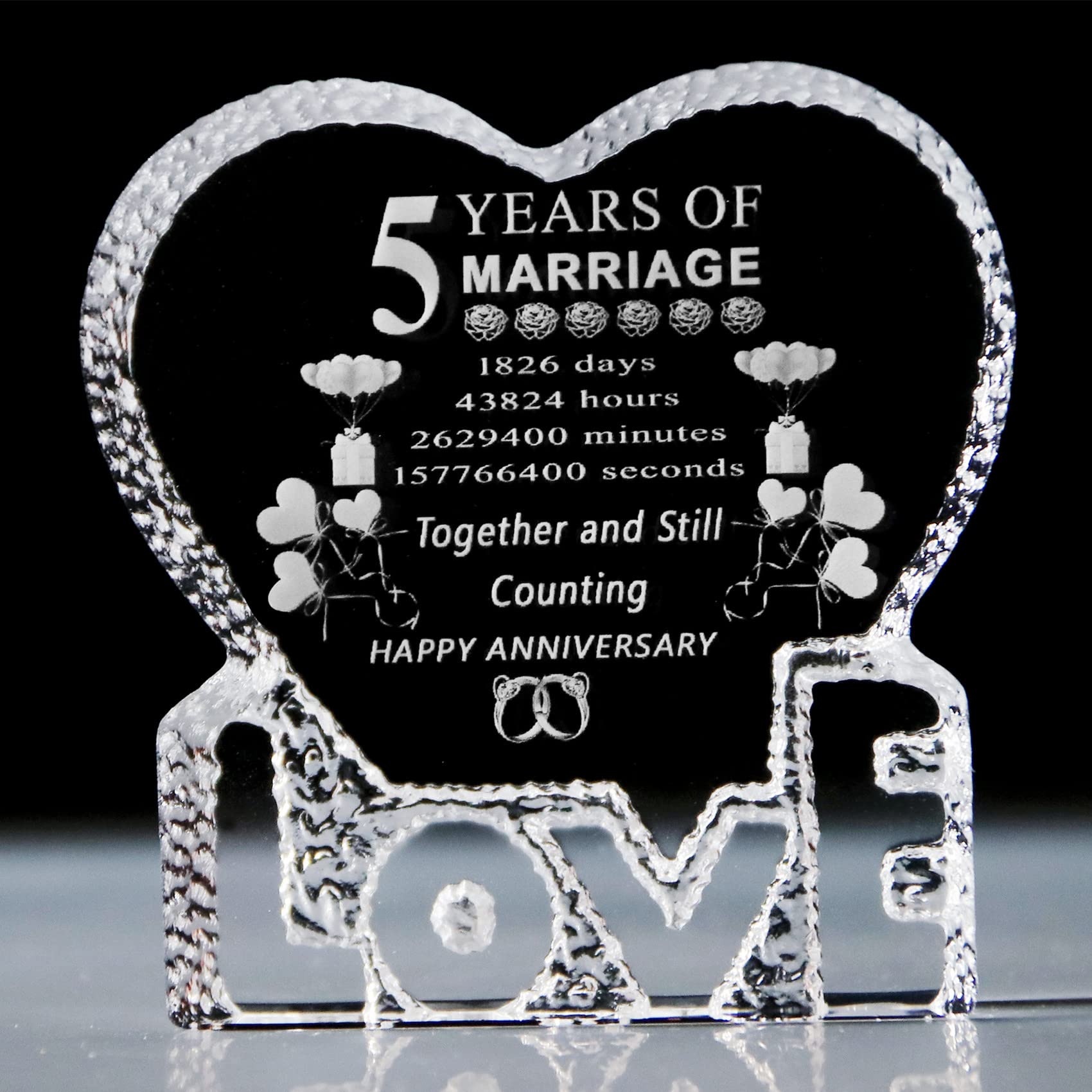 5 Year 5th Wedding Anniversary Gift Laser Crystal Heart Marriage Keepsake Decoration for Couple Friends Women Man Mom Dad Parents Him Her Husband Wife