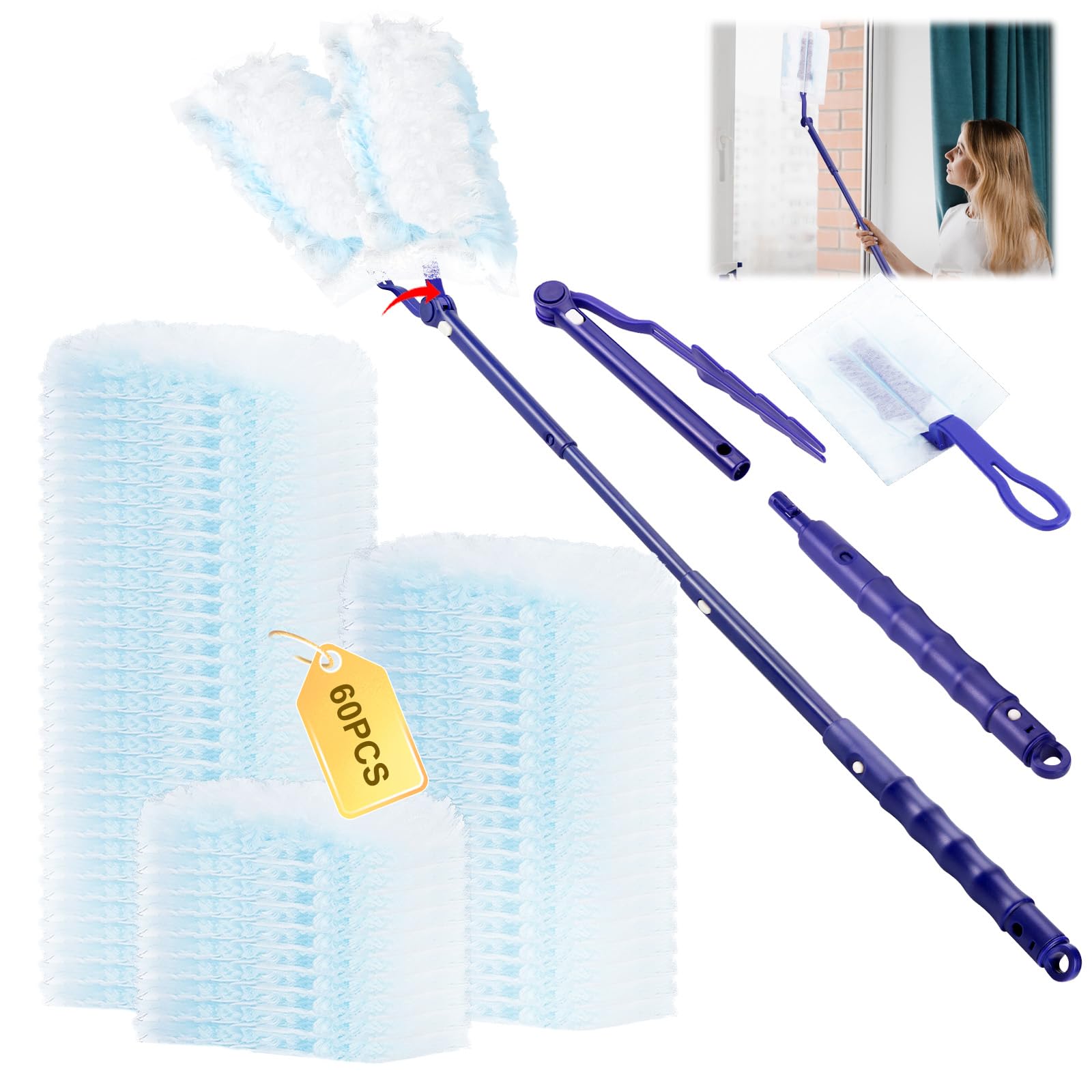60 magneti antipolvere per Swiffer, set di ricarica per Swiffer, con 2 manici, con magnete antipolvere, per peli di animali, polvere, sporco
