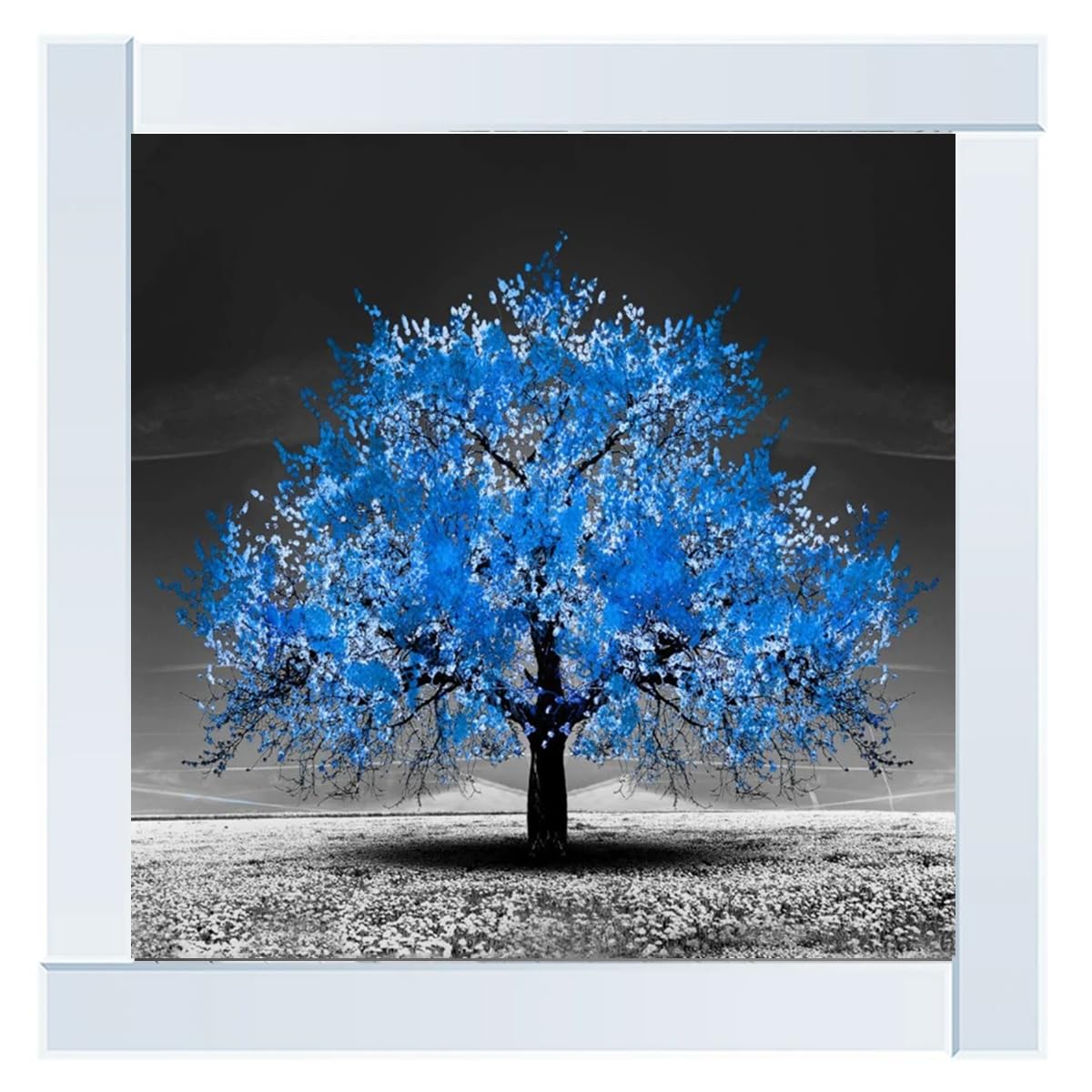 Biznest Blossom Tree Picture in Mirrored Frame Glitter 3D Wall Art Picture Glitter Liquid Art Home Decor 55x55Cm (Blue Tree)