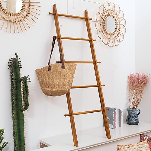 Miniatura 59 de Escalera para mantas, soporte de edredón de madera de 6 niveles, estante decorativo para escalera, estante inclinado, estante de almacenamiento