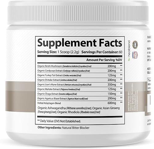 Miniatura 9 de healblend Mezcla de suplemento de extracto de hongos - Melena de león, Cordyceps, Agaricus, cola de pavo, Reishi, Chaga, Shiitake, Maitake Plus