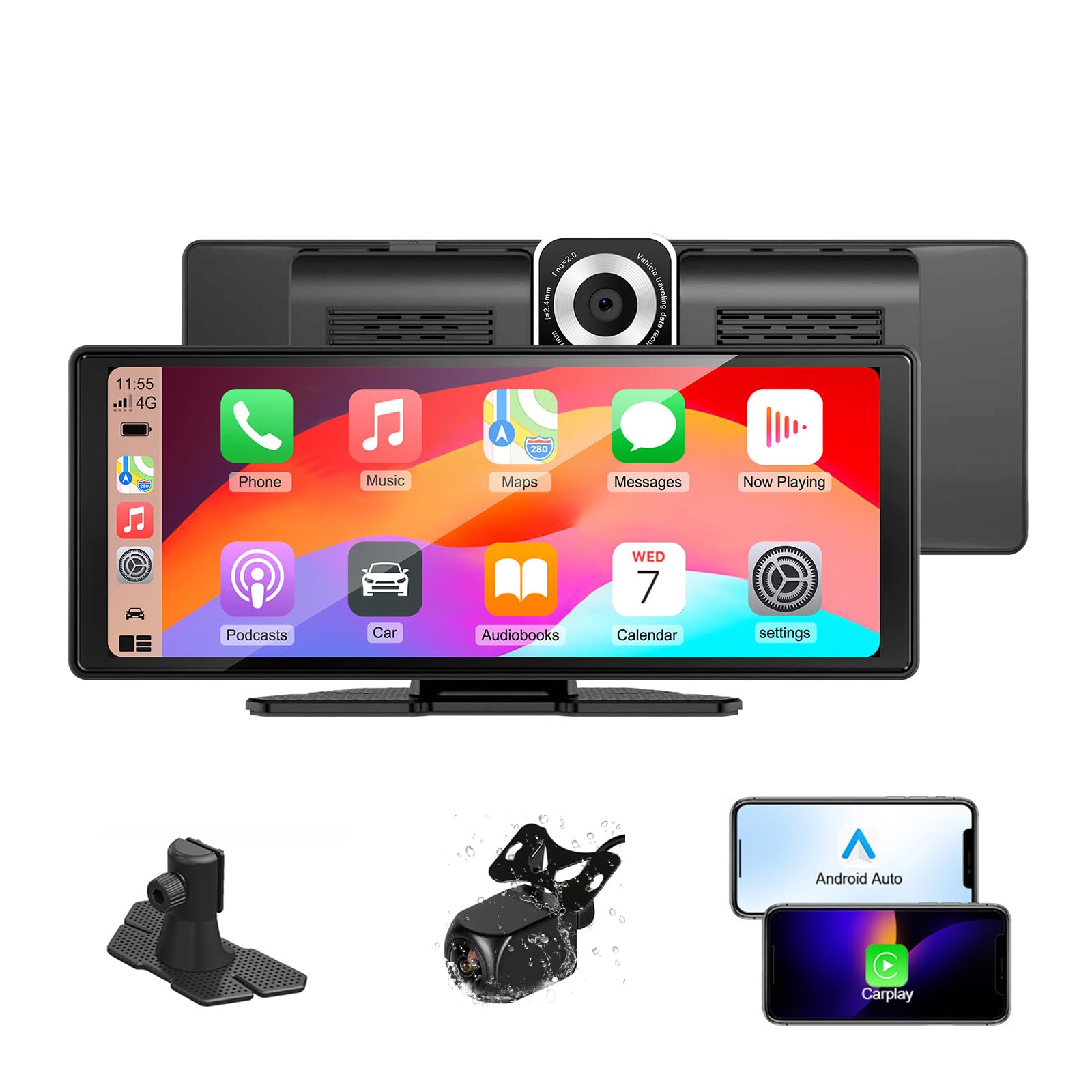 10.26" Wireless Carplay Screen Android Auto Wireless Display 4K Dash Cam | Schermo per auto con Navigazione GPS Telecamera Portatile Autoradio Bluetooth Controllo vocale TouchScreen Mirror Link AUX FM
