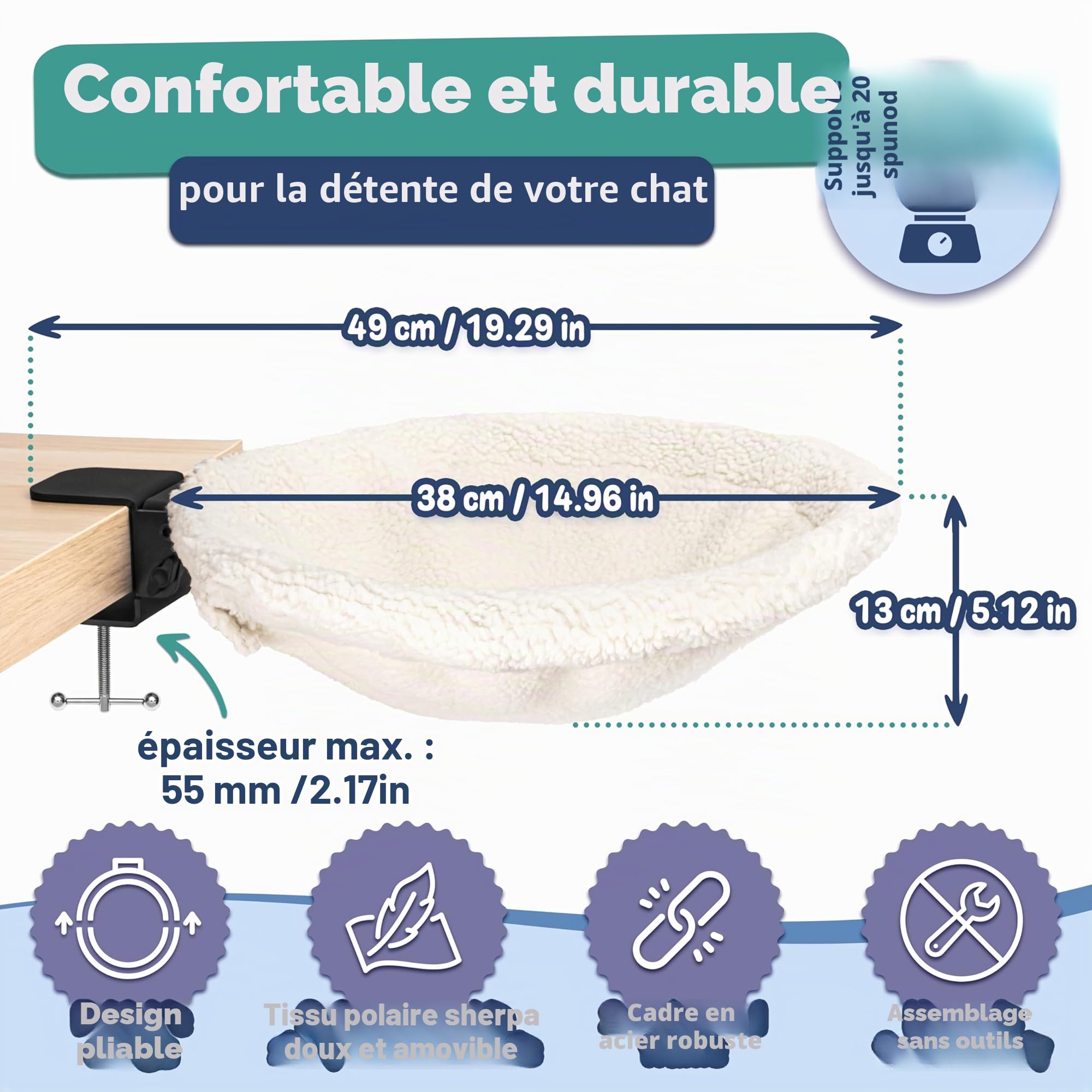 Hamac de bureau pour chat, cadre en acier, pliable, lavable, en félin, plateau de travail, lit d'étagère, parfait bureau rond doux