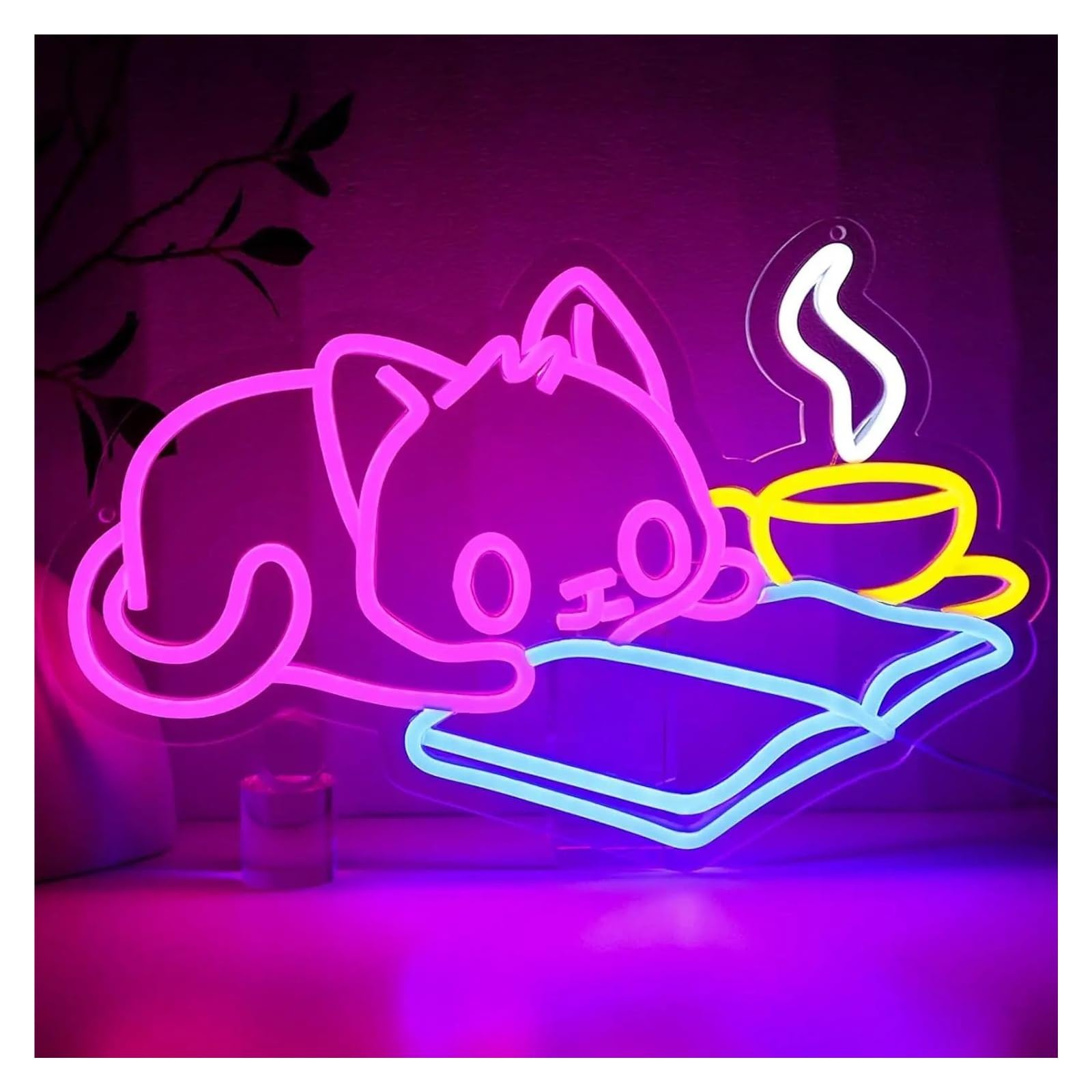 LEMST Sign Lamp Cat Reading Book Neon Sign Dimmable Energy-efficient Night Light for Study Room Club Decor Wall Decor 42cmх27cm