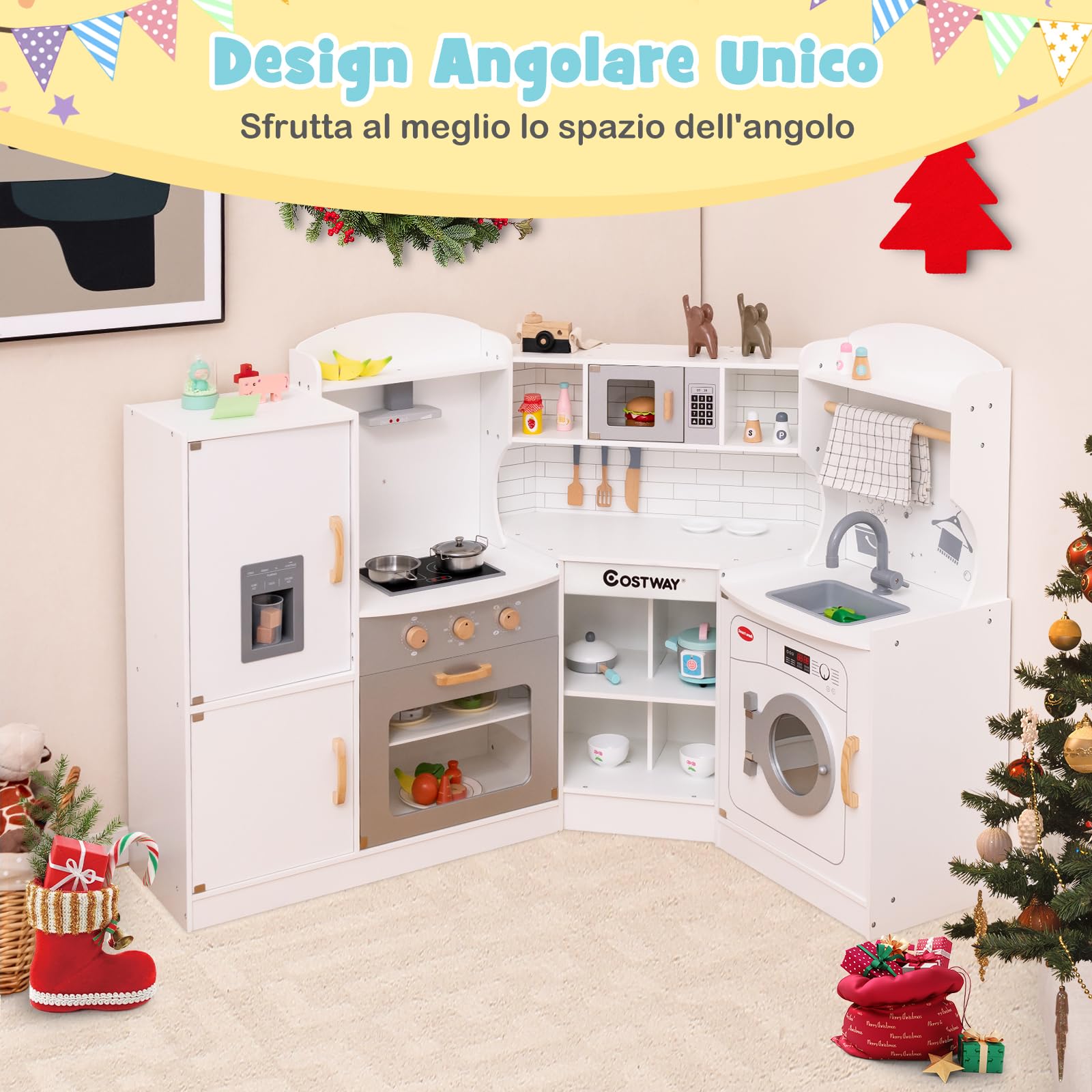 COSTWAY Set Gioco da Cucina per Bambini d'Angolo, Cucina Giocattolo in Legno con Macchina di Ghiaccio, Microonde, Lavatrice e Accessori, con Suoni e Luci, per Bambini 3-10 Anni (Bianco)
