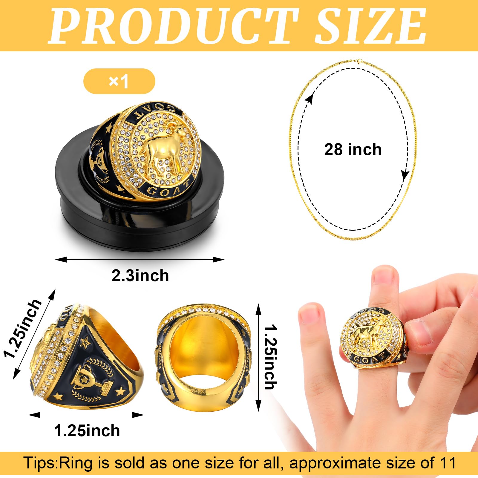 Highergo 10 Pcs Goat Championship Trophy Ring with Display Neck Chain and Stand Goat Medal Award Gift Greatest of All Time for Tournament or League Champion Winner Sports Award (Classic)