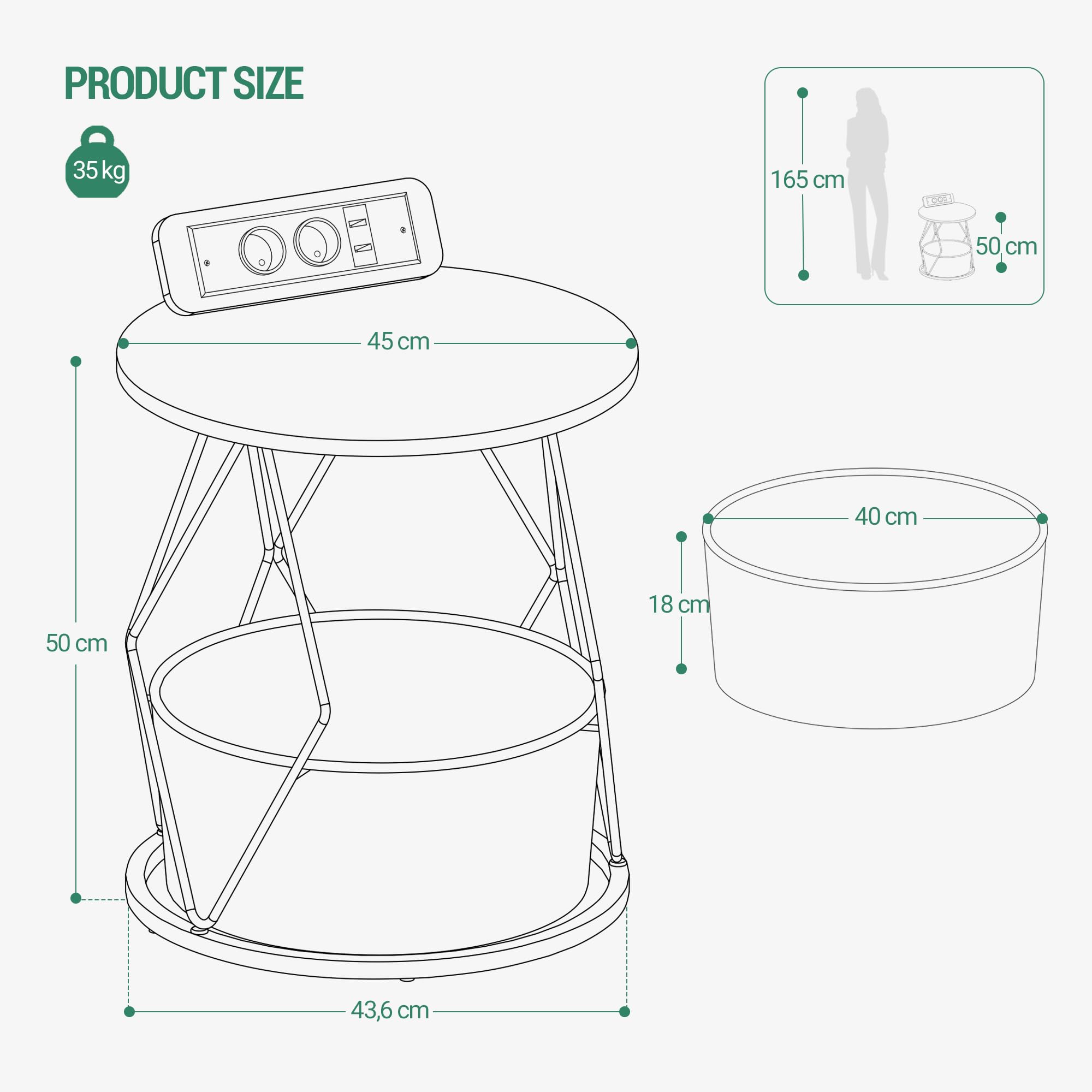 Hzuaneri Petite Table Basse Ronde, Petite Table D'appoint avec Station De Chargement Et Panier De Rangement, Table De Salon, Table Basse, Table De Chevet pour Salon, Blanc, ET45003X
