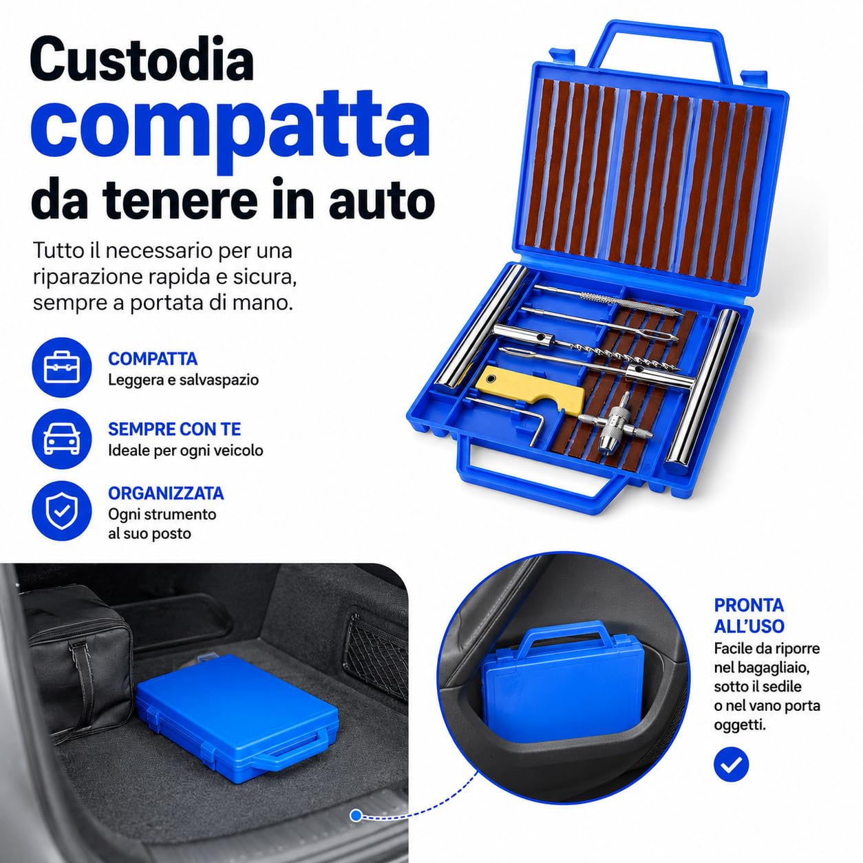 Kit Riparazione Pneumatici Tubeless 37 Pezzi Gomme Auto Moto Strisce Attrezzi Tappi Valvola