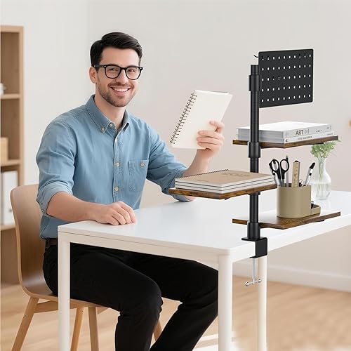 Miniatura 7 de Estante de escritorio con abrazadera de 3 niveles, ajustable giratorio de 360 por encima o debajo del escritorio, con capacidad para 33 libras,