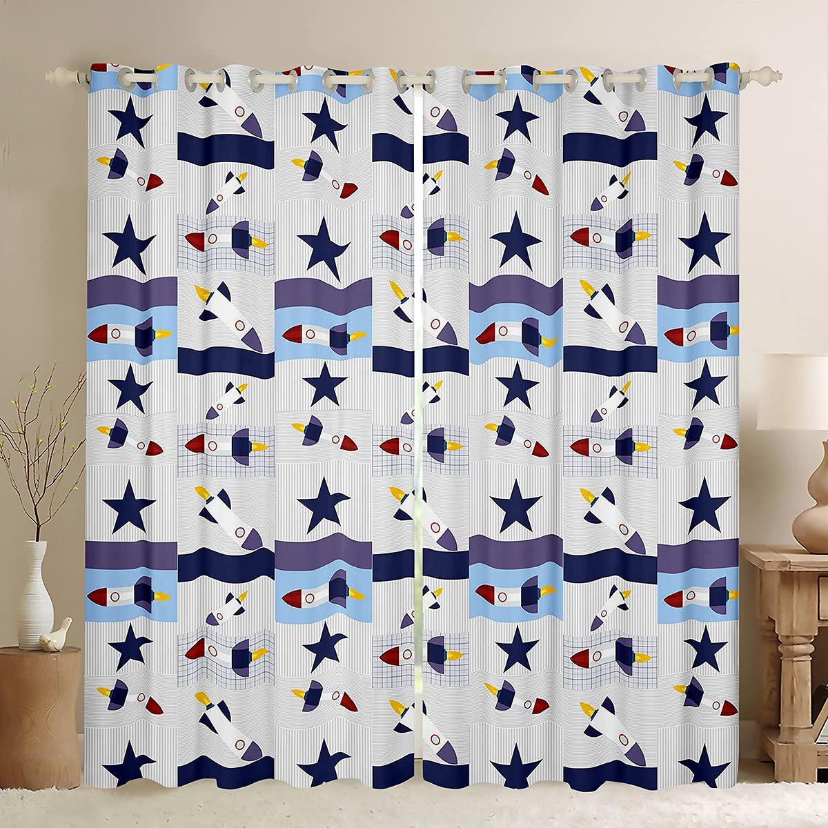 Airplane Window Drapes Rocket Aircraft Window Curtains for Bedroom Living Room for Kids Boys Girls Stars Airplane Window Treatments Stylish Modern Geometric W46*L54 โ image 1