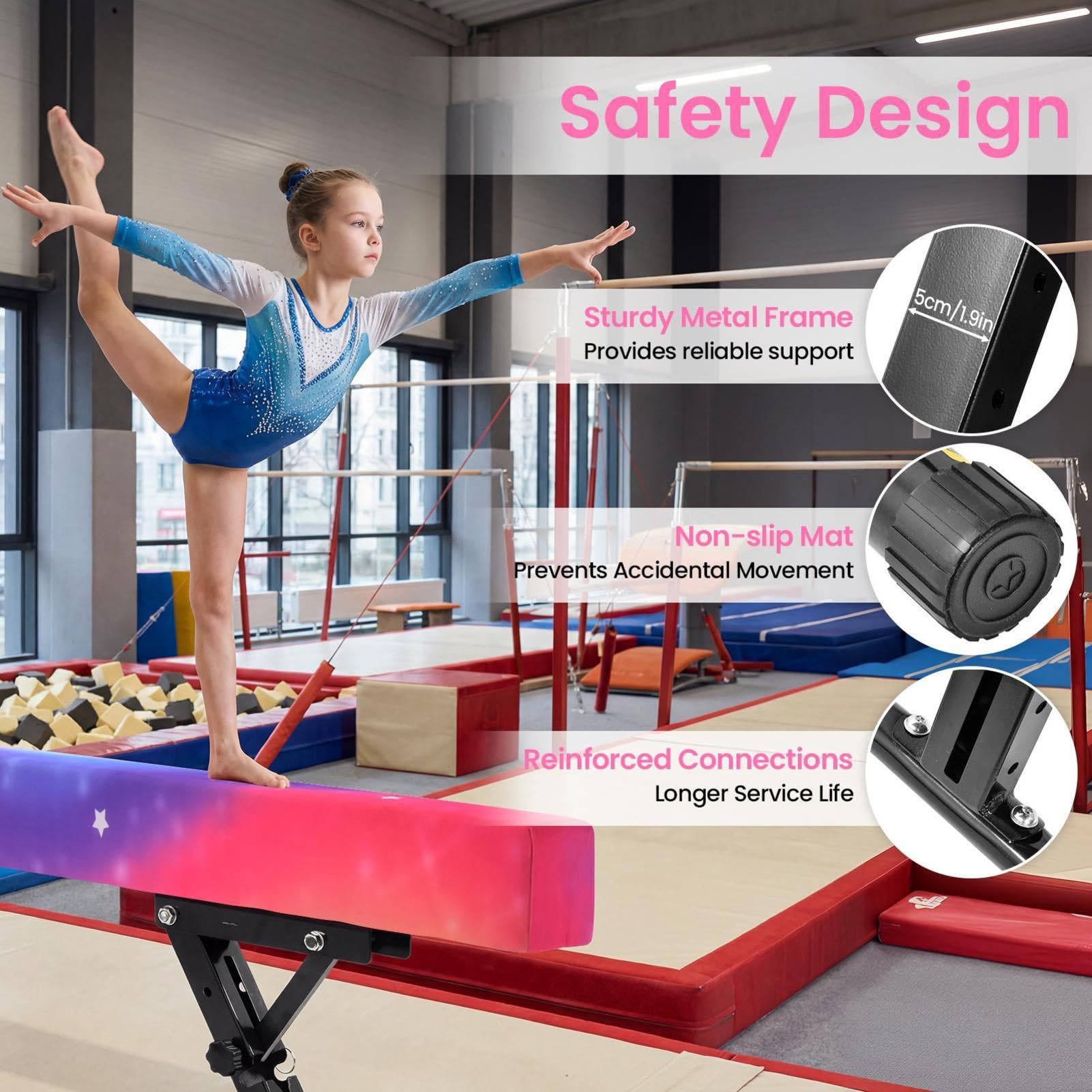Balance Beam - Trave da ginnastica per bambini, regolabile in altezza, 5 | Trave d'equilibrio per bambini, 180 cm, con base antiscivolo, regolabile in altezza in 5 posizioni, allenamento per